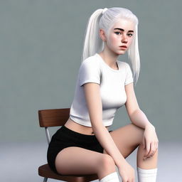 This is a high-quality realistic digital art image of an 18-year-old woman with white hair tied in a ponytail