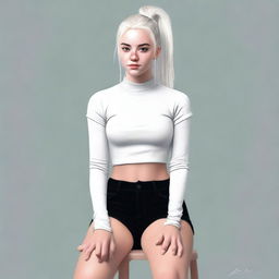 This is a high-quality realistic digital art image of an 18-year-old woman with white hair tied in a ponytail