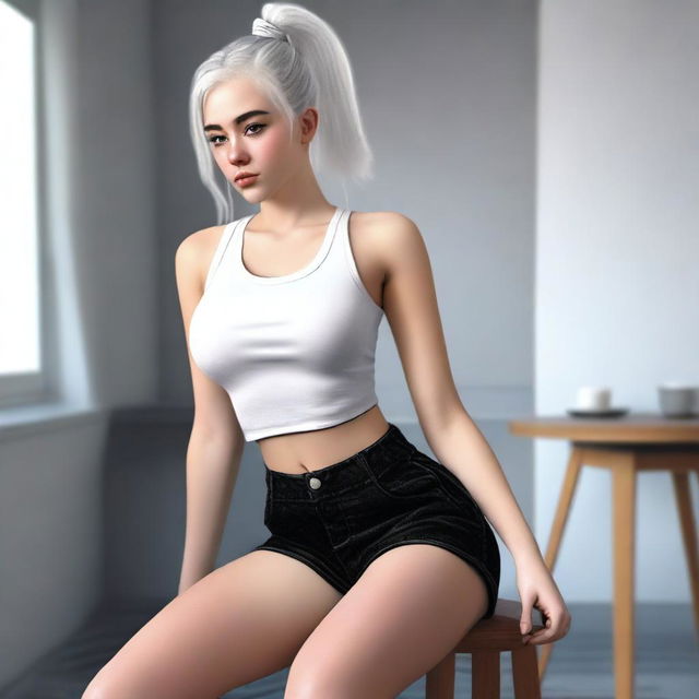 This is a high-quality realistic digital art image of an 18-year-old woman with white hair tied in a ponytail