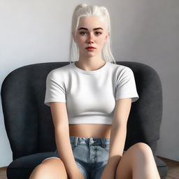 This is a high-quality realistic digital art image of an 18-year-old woman with white hair tied in a ponytail