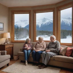 Extend the previous scene to include grandparents, parents, a boy and a girl all nestled together comfortably in the cozy room with the charming Canadian backdrop seen through the window.