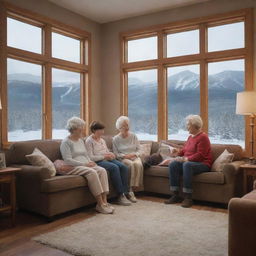 Extend the previous scene to include grandparents, parents, a boy and a girl all nestled together comfortably in the cozy room with the charming Canadian backdrop seen through the window.