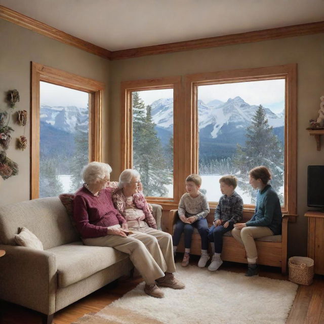 Extend the previous scene to include grandparents, parents, a boy and a girl all nestled together comfortably in the cozy room with the charming Canadian backdrop seen through the window.