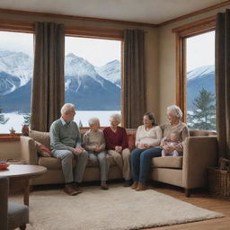 Extend the previous scene to include grandparents, parents, a boy and a girl all nestled together comfortably in the cozy room with the charming Canadian backdrop seen through the window.