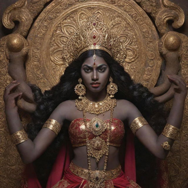 A youthful interpretation of the Indian goddess Kali with a fierce expression, dark skin, multiple arms, draped in traditional attire, set against an ornate, mystical Hindu aesthetic backdrop.