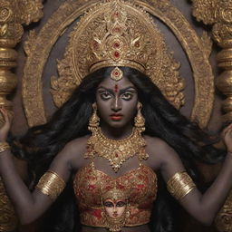 A youthful interpretation of the Indian goddess Kali with a fierce expression, dark skin, multiple arms, draped in traditional attire, set against an ornate, mystical Hindu aesthetic backdrop.