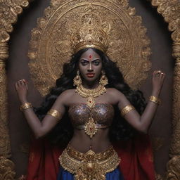 A youthful interpretation of the Indian goddess Kali with a fierce expression, dark skin, multiple arms, draped in traditional attire, set against an ornate, mystical Hindu aesthetic backdrop.