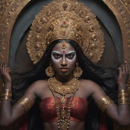 A youthful interpretation of the Indian goddess Kali with a fierce expression, dark skin, multiple arms, draped in traditional attire, set against an ornate, mystical Hindu aesthetic backdrop.