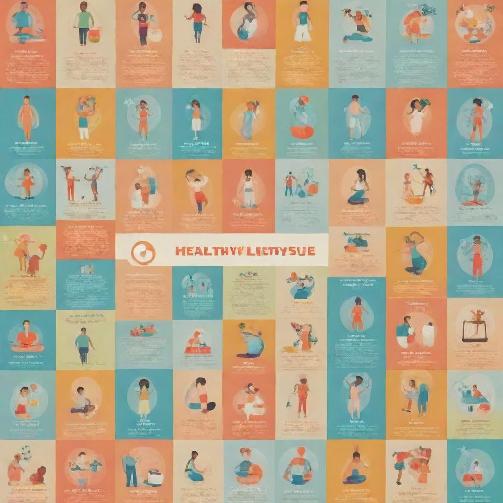 Amend the healthy lifestyle poster to have a clean, vibrant design. Use a color palette expressing health and wellbeing, images of diverse people in various healthy activities, and icons symbolizing different health aspects.