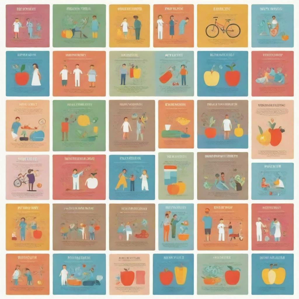 Amend the healthy lifestyle poster to have a clean, vibrant design. Use a color palette expressing health and wellbeing, images of diverse people in various healthy activities, and icons symbolizing different health aspects.