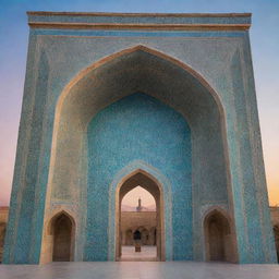 A towering structure showcasing intricate Iranian architectural details, adorned with turquoise tiles, geometric patterns, and elegant arches, set against a vibrant sunset.