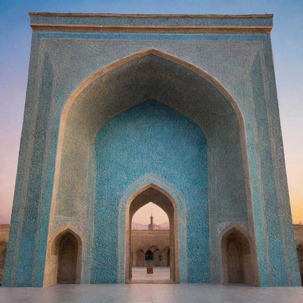 A towering structure showcasing intricate Iranian architectural details, adorned with turquoise tiles, geometric patterns, and elegant arches, set against a vibrant sunset.