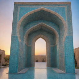 A towering structure showcasing intricate Iranian architectural details, adorned with turquoise tiles, geometric patterns, and elegant arches, set against a vibrant sunset.