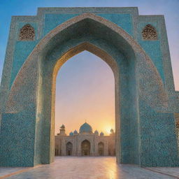 A towering structure showcasing intricate Iranian architectural details, adorned with turquoise tiles, geometric patterns, and elegant arches, set against a vibrant sunset.