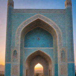 A towering structure showcasing intricate Iranian architectural details, adorned with turquoise tiles, geometric patterns, and elegant arches, set against a vibrant sunset.