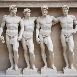 An assortment of Greek statues. They are made from gleaming white marble, with intricate detail carved into their expressions and attire. They pose in dynamic positions, embodying the essence of Greek mythology and peak athleticism.