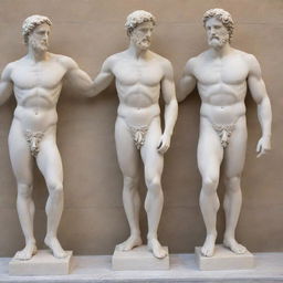 An assortment of Greek statues. They are made from gleaming white marble, with intricate detail carved into their expressions and attire. They pose in dynamic positions, embodying the essence of Greek mythology and peak athleticism.