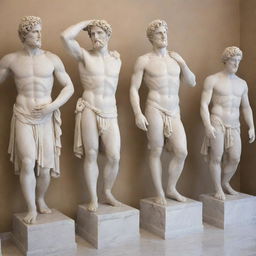 An assortment of Greek statues. They are made from gleaming white marble, with intricate detail carved into their expressions and attire. They pose in dynamic positions, embodying the essence of Greek mythology and peak athleticism.