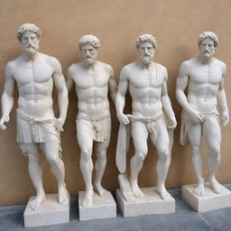 An assortment of Greek statues. They are made from gleaming white marble, with intricate detail carved into their expressions and attire. They pose in dynamic positions, embodying the essence of Greek mythology and peak athleticism.