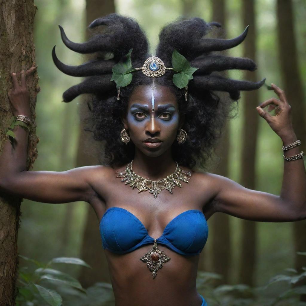 A unique cross-culture conceptual image of a young goddess Kali as an elf, maintaining her traditional attributes like dark skin and multiple arms, along with elfin characteristics such as pointy ears, set in a mystical forest backdrop.