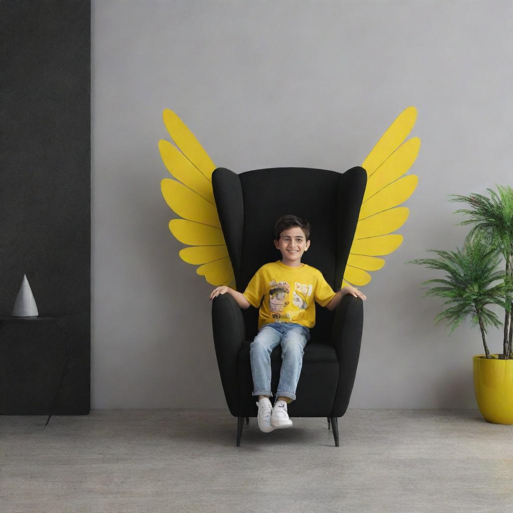 3D rendering of a scene with a boy sitting on a uniquely designed chair with black upholstery and yellow wings, with the name 'Mian Subhan' prominently display