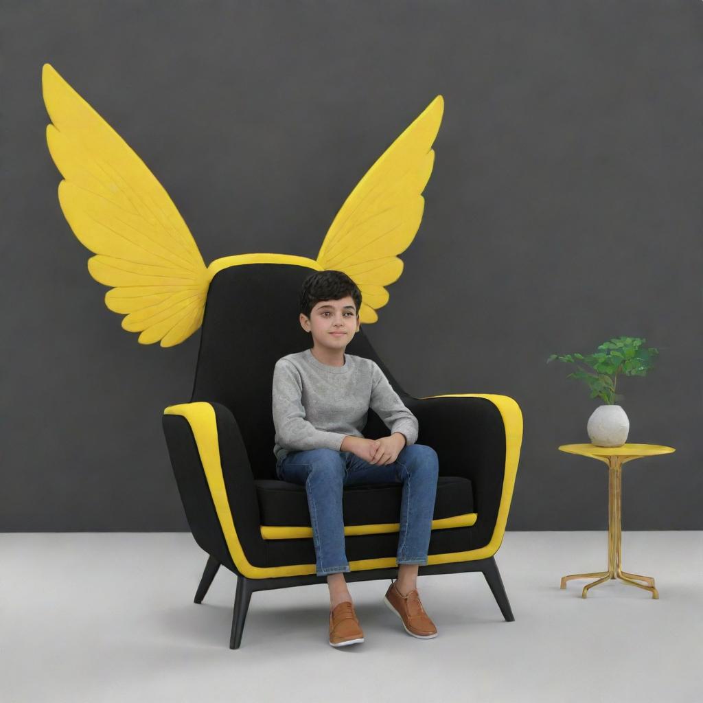 3D rendering of a scene with a boy sitting on a uniquely designed chair with black upholstery and yellow wings, with the name 'Mian Subhan' prominently display