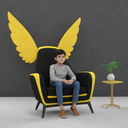 3D rendering of a scene with a boy sitting on a uniquely designed chair with black upholstery and yellow wings, with the name 'Mian Subhan' prominently display