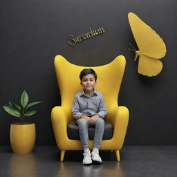 3D rendering of a scene with a boy sitting on a uniquely designed chair with black upholstery and yellow wings, with the name 'Mian Subhan' prominently display