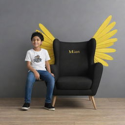 3D rendering of a scene with a boy sitting on a uniquely designed chair with black upholstery and yellow wings, with the name 'Mian Subhan' prominently display