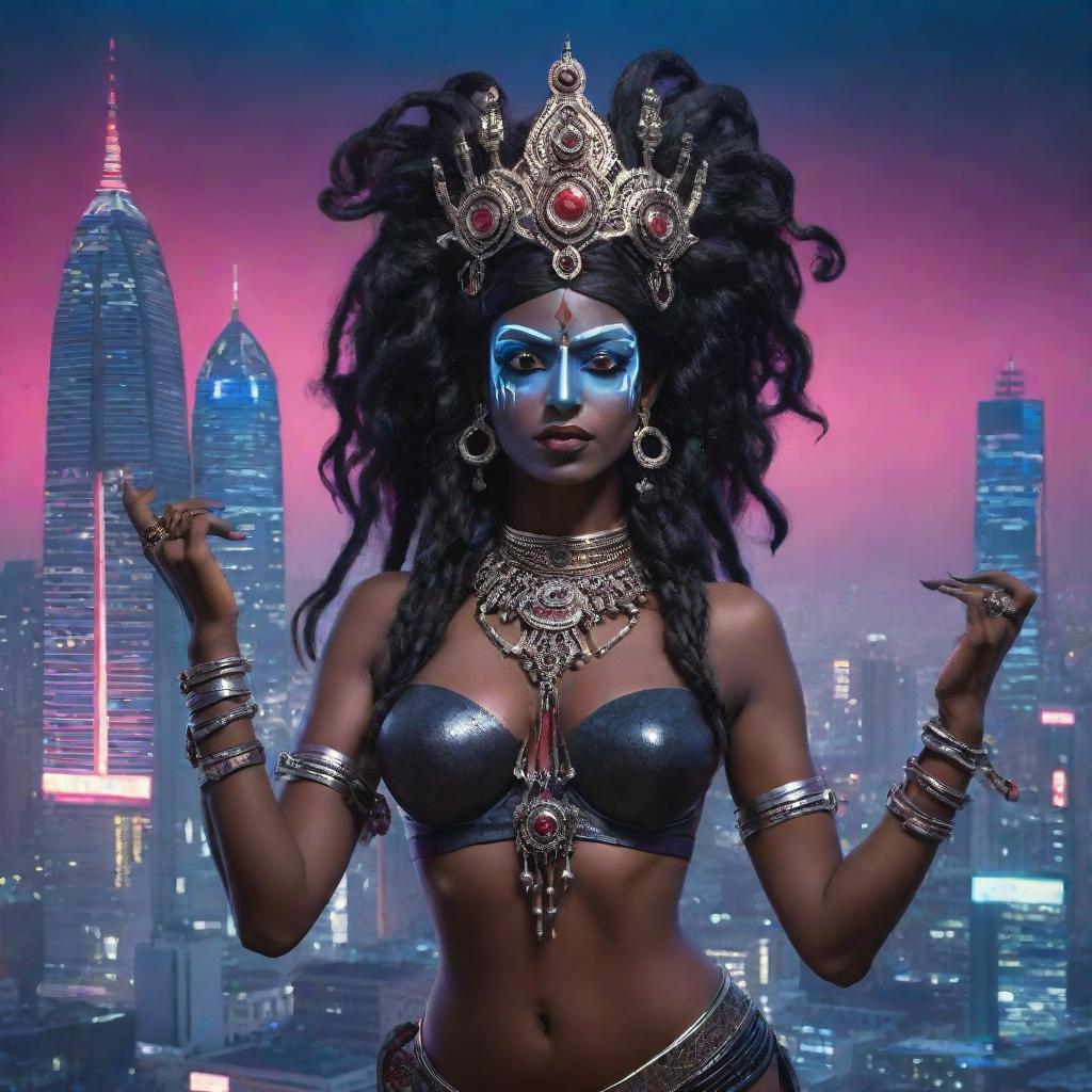 An innovative fusion art of Indian goddess Kali depicted in a cyberpunk style, retaining her traditional dark skin and multiple arms, but adorned in futuristic attire and accessories, set against a vibrant techno-urban skyline.