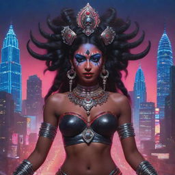 An innovative fusion art of Indian goddess Kali depicted in a cyberpunk style, retaining her traditional dark skin and multiple arms, but adorned in futuristic attire and accessories, set against a vibrant techno-urban skyline.