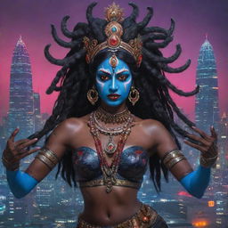 An innovative fusion art of Indian goddess Kali depicted in a cyberpunk style, retaining her traditional dark skin and multiple arms, but adorned in futuristic attire and accessories, set against a vibrant techno-urban skyline.