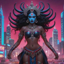 An innovative fusion art of Indian goddess Kali depicted in a cyberpunk style, retaining her traditional dark skin and multiple arms, but adorned in futuristic attire and accessories, set against a vibrant techno-urban skyline.