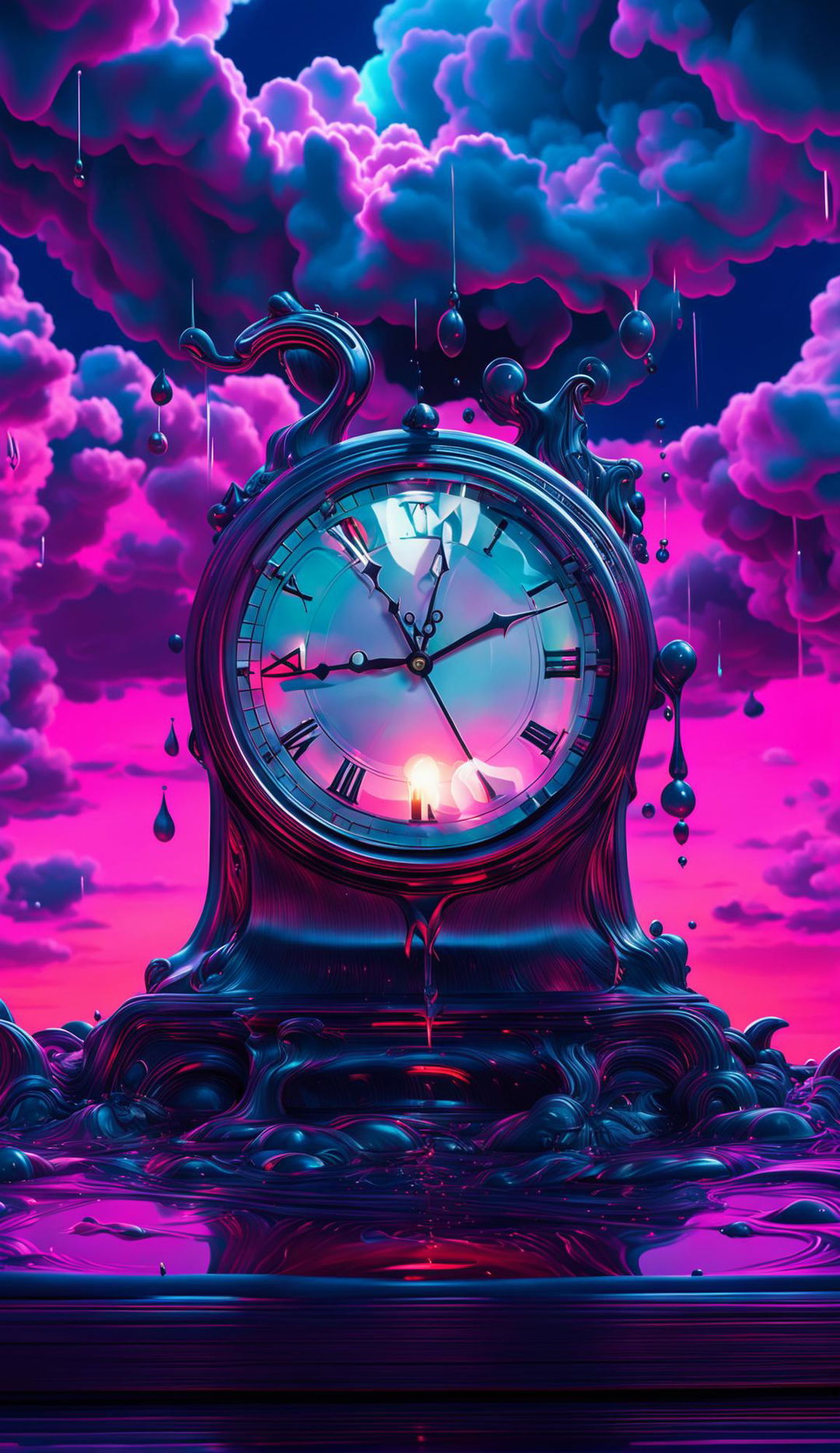 A 4K hyper-realistic digital art piece featuring a surreal dreamscape with a melting clock, magenta clouds and neon green rain, rendered with Redshift and enhanced with HDR and cinematic lighting.