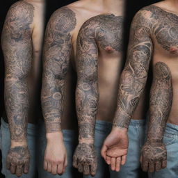 A variety of intricate tattoos with diverse themes and styles, showcased on unseen body parts such as hands and arms.