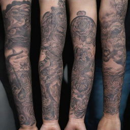 A variety of intricate tattoos with diverse themes and styles, showcased on unseen body parts such as hands and arms.