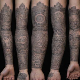 A variety of intricate tattoos with diverse themes and styles, showcased on unseen body parts such as hands and arms.