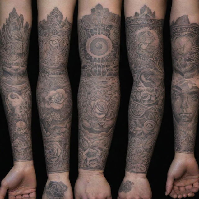 A variety of intricate tattoos with diverse themes and styles, showcased on unseen body parts such as hands and arms.