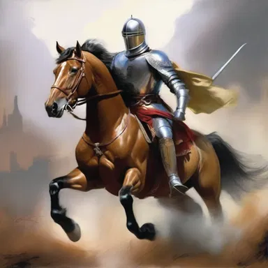 The artist painted a beautiful portrait of a noble knight riding his steed into battle.