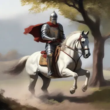 The artist painted a beautiful portrait of a noble knight riding his steed into battle.