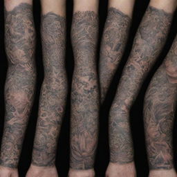 A variety of intricate tattoos with diverse themes and styles, showcased on unseen body parts such as hands and arms.