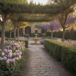 Italian style garden with blooming roses, olive trees, Italian Cypress trees, fountains, stone paths, and a pergola draped in wisteria, all under the warm glow of a Tuscan sunset.