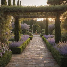 Italian style garden with blooming roses, olive trees, Italian Cypress trees, fountains, stone paths, and a pergola draped in wisteria, all under the warm glow of a Tuscan sunset.