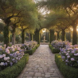 Italian style garden with blooming roses, olive trees, Italian Cypress trees, fountains, stone paths, and a pergola draped in wisteria, all under the warm glow of a Tuscan sunset.