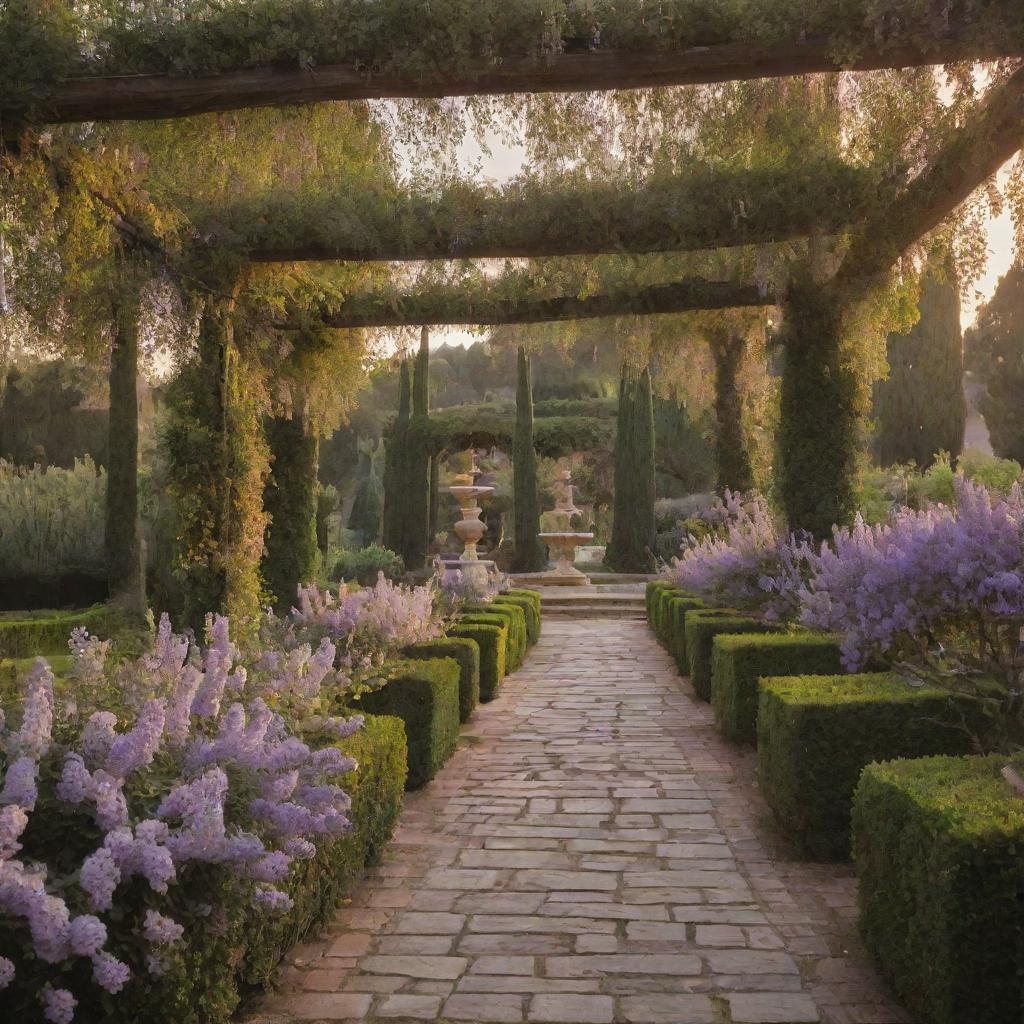 Italian style garden with blooming roses, olive trees, Italian Cypress trees, fountains, stone paths, and a pergola draped in wisteria, all under the warm glow of a Tuscan sunset.