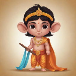 Illustrate a cute depiction of 'Ram Lalla', the young avatar of Lord Rama from Hindu mythology. He should be portrayed in a traditional Indian attire, with an innocent and adorable expression.