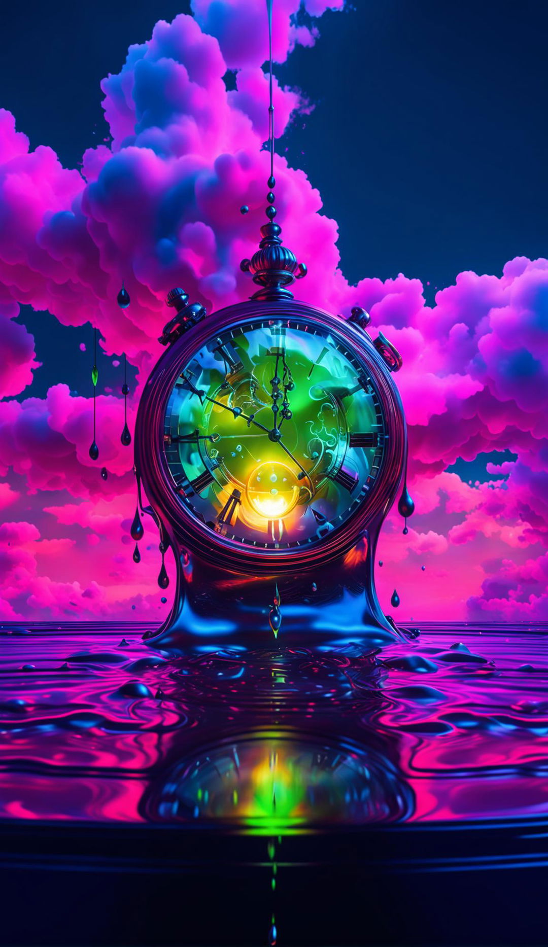 A 4K hyper-realistic digital art piece featuring a surreal dreamscape with a melting clock, magenta clouds and neon green rain with glowing droplets, rendered with Redshift and enhanced with HDR and cinematic lighting.