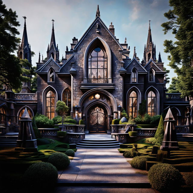 A modern home blending Gothic Revival architecture with contemporary design elements. Dark stone and glass exterior with pointed arches motif, surrounded by manicured lawn and cobblestone pathway. Interior features high ceilings, open floor plan, stone fireplace, and a kitchen with modern appliances and traditional woodwork.