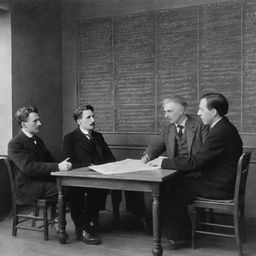 A university classroom with scientists Nikola Tesla, Albert Einstein, and Isaac Newton deeply in thought. Four boards are filled with intricate calculus and quantum calculations. Only Tesla is looking at the board while the others ponder intently.