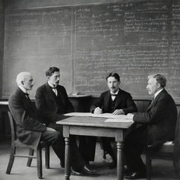 A university classroom with scientists Nikola Tesla, Albert Einstein, and Isaac Newton deeply in thought. Four boards are filled with intricate calculus and quantum calculations. Only Tesla is looking at the board while the others ponder intently.